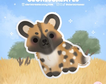 African Wild Dog Waterproof Vinyl Sticker | Kawaii Chibi Painted Cape Hunting Dog Animal Decal | Cute Cartoon Zoo Souvenir Wildlife Gift