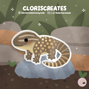 May include: A cartoon illustration of a brown and tan lizard with black spots and stripes. The lizard is standing on a gray rock with a green background.