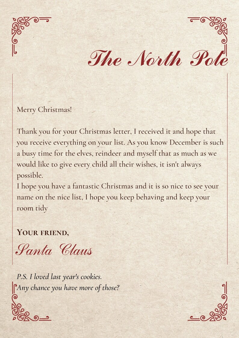 May include: A letter from Santa Claus on parchment paper. The text reads "The North Pole" and "Merry Christmas!" in a burgundy script. The letter is signed by Santa Claus and includes a P.S. about cookies.