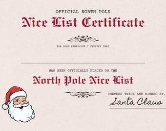 Downloadable nice list certifi, printable north pole letter, ideal for children, download only, father Christmas, print yourself