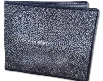 PELGIO Real Genuine Stingray Skin Leather Men/'s Bifold Credit Card Wallet Black