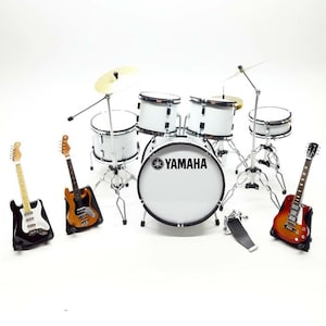 Miniature Drum Set White Edition + 3 Guitars set Display Music Signature Special Gift