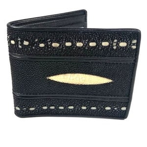 Cartera de hombres Cuero Stingray negro Genuine Double Thorn Diamond Bifold Handmade Gift