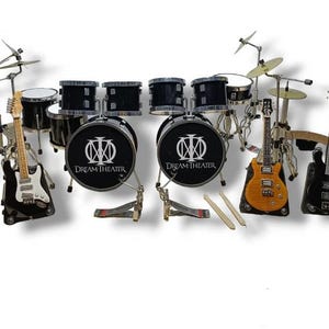Miniature Drum Set Double Bass Black Metal Rock + 3 Guitars Set Mini Figure Musical 1/12 Display and Gift