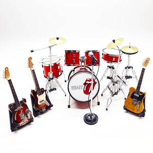 Miniature Drum Set 1/12 Red + 3 Guitars and mic Instrument Music Display Christmas New Year Gift