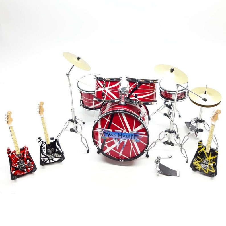 Miniature Drum Red Metal Van H Mini figure 3 Guitars set Display Music New Year Christmas Gift