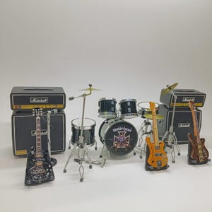 Miniature Drum Set Full Black  Rock Band 3 Guitars Mic Amplifier 2 Stage Mini  Scale 1/12 Display Gift