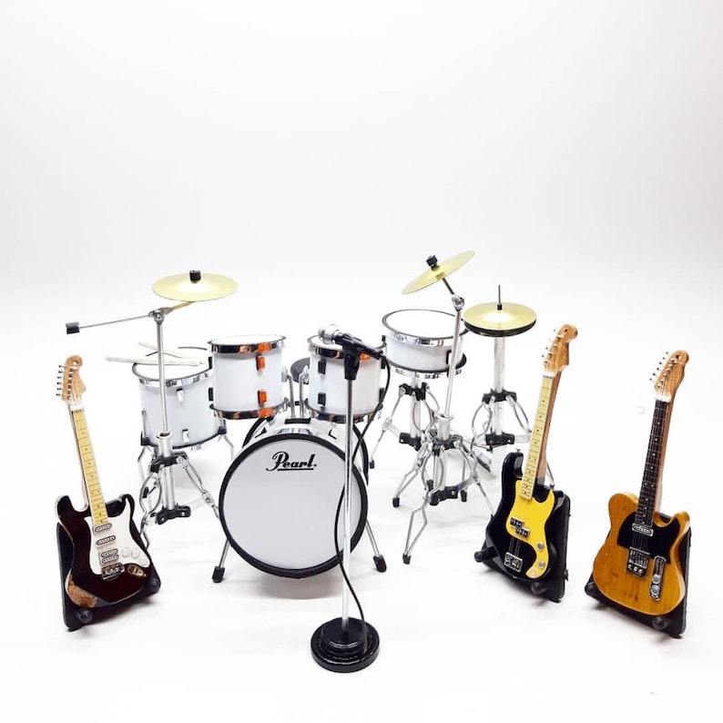 Miniature Drum Full White and Guitars Bass Mic Set Rock Star Band Musical Instrument Signature Display 112 Handmade