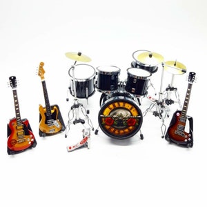 Miniature Set Drum Black and Gitar Metal Band Best Gift Signature 1/12 Handmade