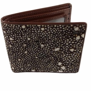 Cartera de hombre de primera calidad, hecha a mano, de piel de raya genuina, color marrón durian, plegable, regalo