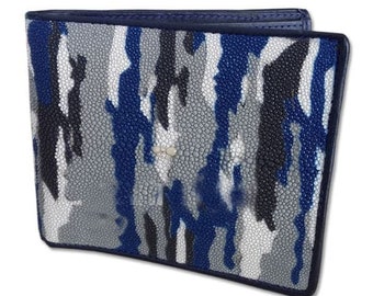 Men Stingray Leather Marine Motif Blue Grey Black Bifold Premium Wallet