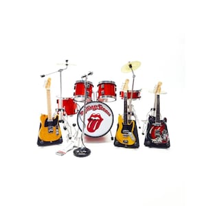 Miniature Drum Set Replica Red + 3 Guitars and mic Display Gift 1/12