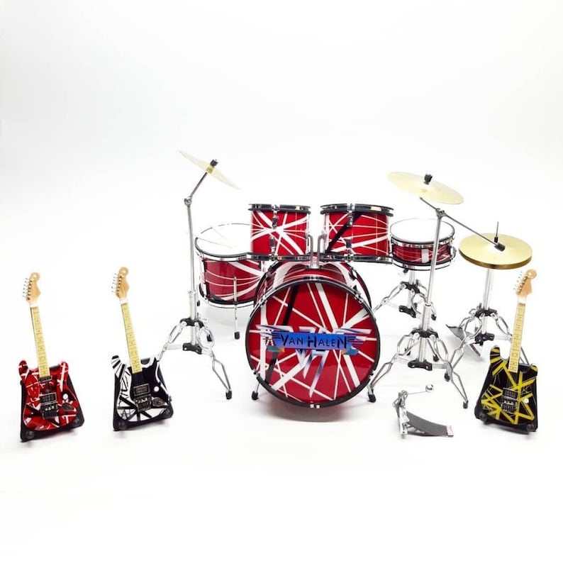 Miniature Drum Red Metal Van H Mini figure 3 Guitars set Display Music New Year Christmas Gift