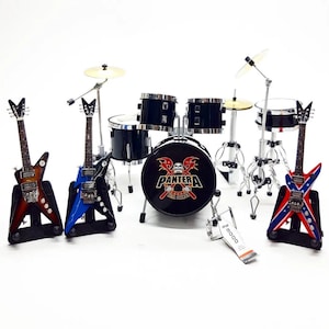 Miniature Drum Set Mini Black  + 3 Guitars Musical Instruments Display 1/12 Gift