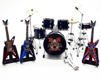 Miniature Drum Set Mini Black  + 3 Guitars Musical Instruments Display 1/12 Gift