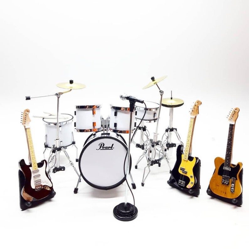 Miniature Drum Full White and Guitars Bass Mic Set Rock Star Band Musical Instrument Signature Display 112 Handmade