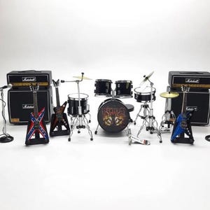 Miniature Drum Set Mini Black Rock Band + 3 Guitars Mic Amplifier 2 Stage Musical Display and Gift Scale 1/12