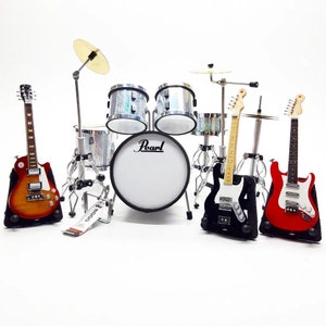 Miniature Drum Set Silver Exclusive 3 Guitars 1/12 Musical Instrument Display Gift 1:12