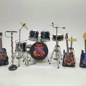 Miniature Drum Full Black Set Rock Star and Guitars Mic Musical Instrument Signature Display and Gift 1/12