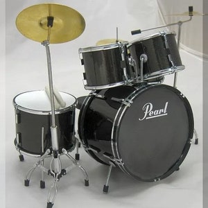 Miniature Drum Kit Replica Full Black Rock Instrument Musical Display 1:12 Gifts