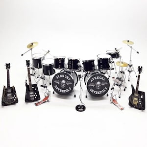 Miniature Drum double Black Metal Band Rock + 2 Guitars Free Mic Mini figure Guitars set 1/12 Display Music Signature Gift