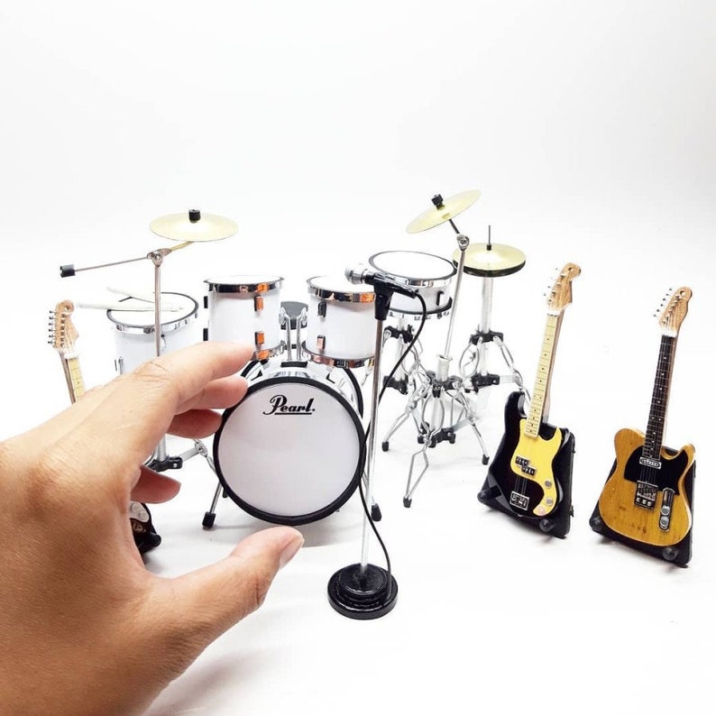 Miniature Drum Full White and Guitars Bass Mic Set Rock Star Band Musical Instrument Signature Display 112 Handmade