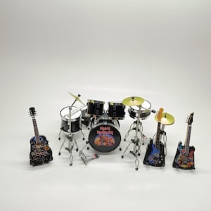 Miniature Drum Set Full Black plus 3 Guitars Scale 1/12 Musical Instruments Display Gift