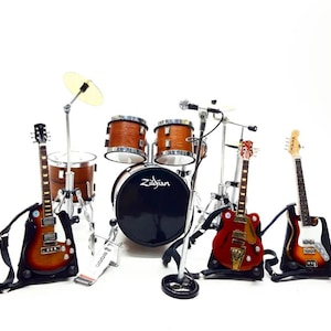 Miniature Drum Set Brown + 3 Guitars Free Strap + Mic Musical Instrument Display Gift 1:12