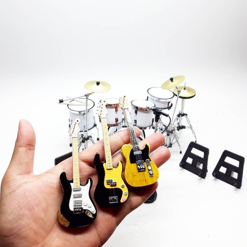 Miniature Drum Full White and Guitars Bass Mic Set Rock Star Band Musical Instrument Signature Display 112 Handmade
