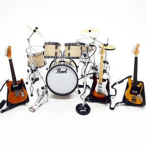 Miniature Drum Set Natural Beige + 3 Guitars Free Strap + Mic Musical Instrument Display Scale 1:12 1/12
