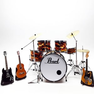 Miniature Drum Set Pattern + 3 Guitars Exclusive Musical Instruments Display Gift Fatherday