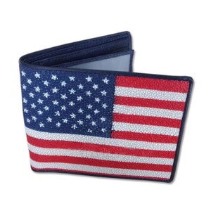 Cartera de los hombres Stingray Skin American Flag Motif Genuine Leather Bifold Handmade Gift