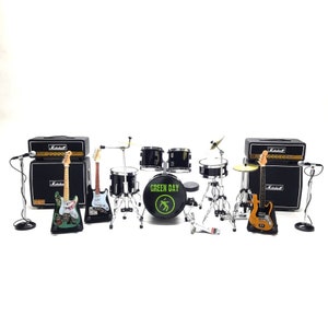 Miniature Drum Set Black Metal Band Rock + 3 Guitars Free Mic Amplifier 2 Stage Mini figure 1/12 Display Music Signature Gift