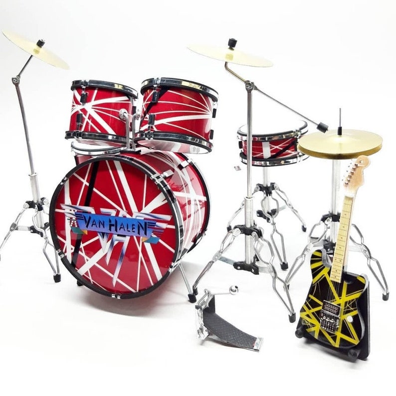 Miniature Drum Red Metal Van H Mini figure 3 Guitars set Display Music New Year Christmas Gift
