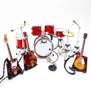 Miniature Drum Set RED Exclusive Plus Guitars With Mic Scale 1/12 Musical Instruments handmade Display