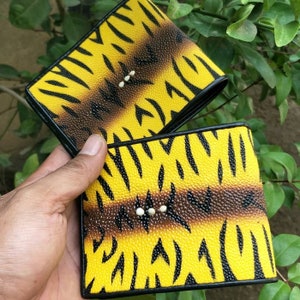 Hombres Monedero Stingray piel amarillo tigre cuero Monedero Bifold original genuino hecho a mano