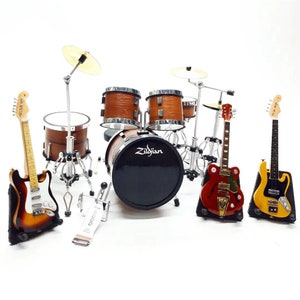 Miniature Drum Set Brown Mini with 3 Guitars Signature Instrument Musical Display and Gift 1/12 1:12