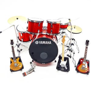 Miniature Drum Set Red + 3 Guitars Set Musical Instrument Display and Gift Scale 1/6