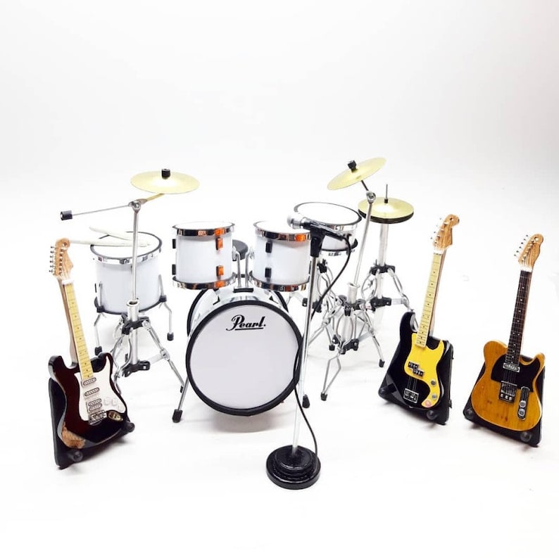Miniature Drum Full White and Guitars Bass Mic Set Rock Star Band Musical Instrument Signature Display 112 Handmade