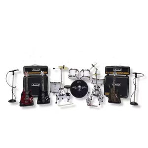 Miniature Drum Set Mini White Rock Band + 3 Guitars Mic Amplifier 2 Stage Display and Gift Scale  1/12