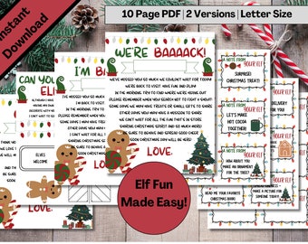 Op de afbeelding: Een set met printbare kerstactiviteitskaarten met elfenthema, met een peperkoekman, een kerstboom en verschillende briefjes van de elf. De kaarten bevatten zinnen als "We're Baaack!" en "Let's Make Hot Cocoa Together!"