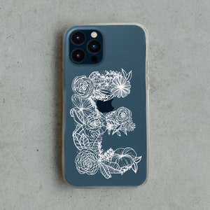 Carta Floral E - negro / Funda de teléfono de alta calidad / Regalo de funda de teléfono / Funda transparente para iPhone / Flores dibujadas a mano / Iphone 14 y más