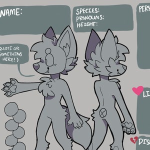 Puede incluir: Una plantilla de diseño de personaje en blanco con un personaje gris parecido a un lobo con una cola esponjosa. La plantilla incluye secciones para el nombre del personaje, la especie, los pronombres, la altura, la personalidad, los gustos y los disgustos.