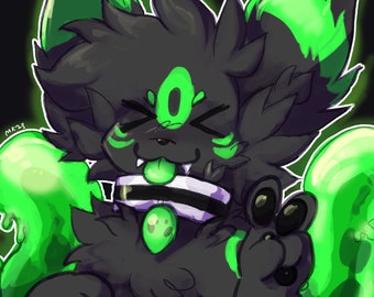 May include: A digital illustration of a black furry creature with bright green markings, a third eye on its forehead, and a green tongue sticking out. It wears a white and black striped collar with a green pendant and has glowing green tails.