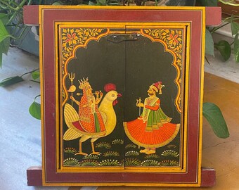 Houten geschilderd raam, fijn schilderij op antiek houten raam, wanddecor, Indiaas handbeschilderd jharoka-raam, handwerk