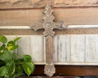 Vintage Hand Carved Wooden Cross: Christian Home Decor (15.35 Inch)