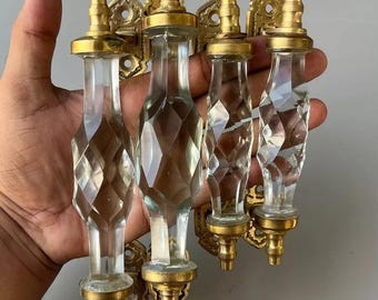 Manija de puerta de latón estilo antiguo, grande y pequeña, de cristal transparente/tallado, coleccionable