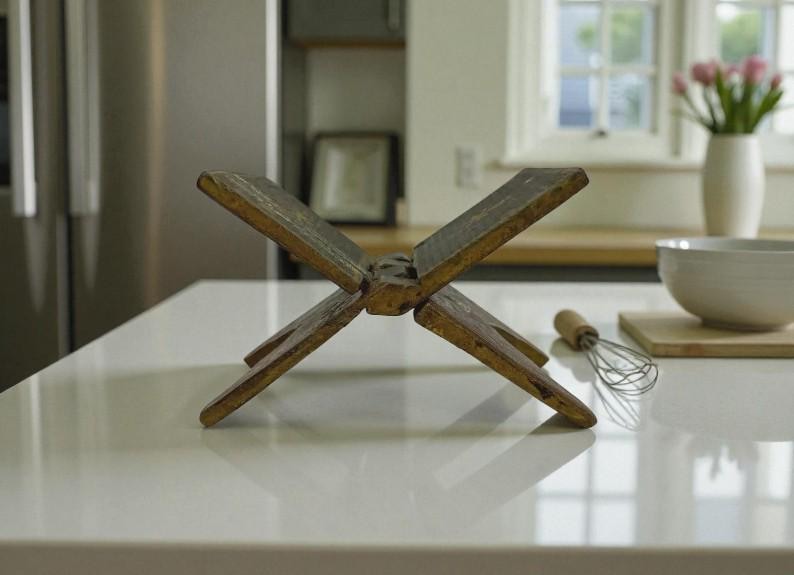 Puede incluir: Un soporte de libro de cocina r&uacute;stico de madera en forma de X, con un aspecto envejecido y desgastado. El soporte est&aacute; hecho de varias piezas de madera unidas. Un batidor y un cuenco est&aacute;n en el fondo.