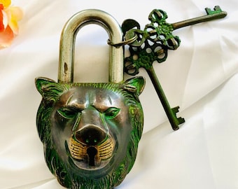 Brass Lion Face Mouth Lock/Vintage Hand Carved Door Lock/Safety Door and Lock/Old Brass Lion Functional Lock with Keys/Vintage Home Decor