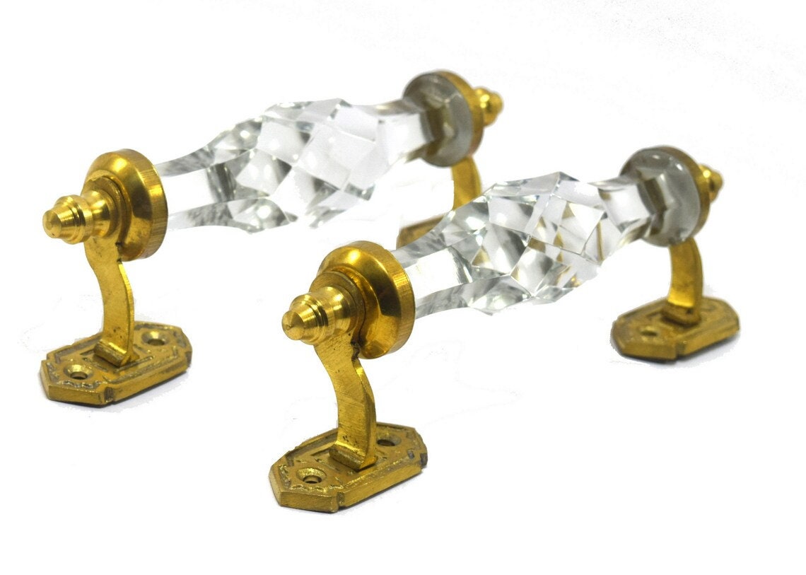 2PC Vintage Style 6.5" Crystal/Cut White Glass Brass Door Handles, Big Brass Glass Eye Catching Cabinet Handle, Antique Brass Home and Decor